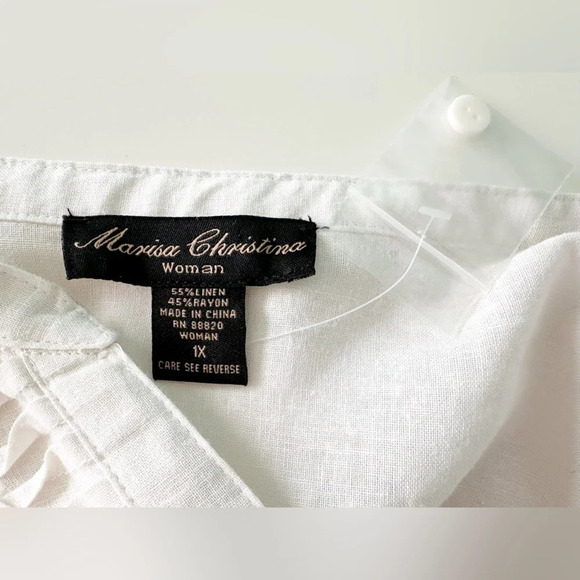 White Linen Blouse Pin Tuck Button Front 3/4 Sleeve Size 1X Marisa Christina - Picture 7 of 8